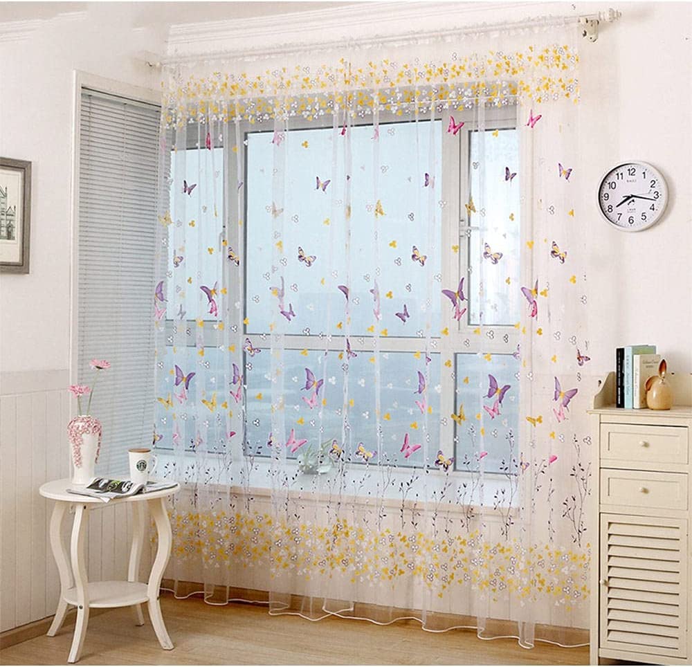Aeromdale Voile Curtains Sheer Drapes Panel Butterfly Patterned Drapery Transparent Tulle Gauze Curtains for Bedroom Window, 200x200cm