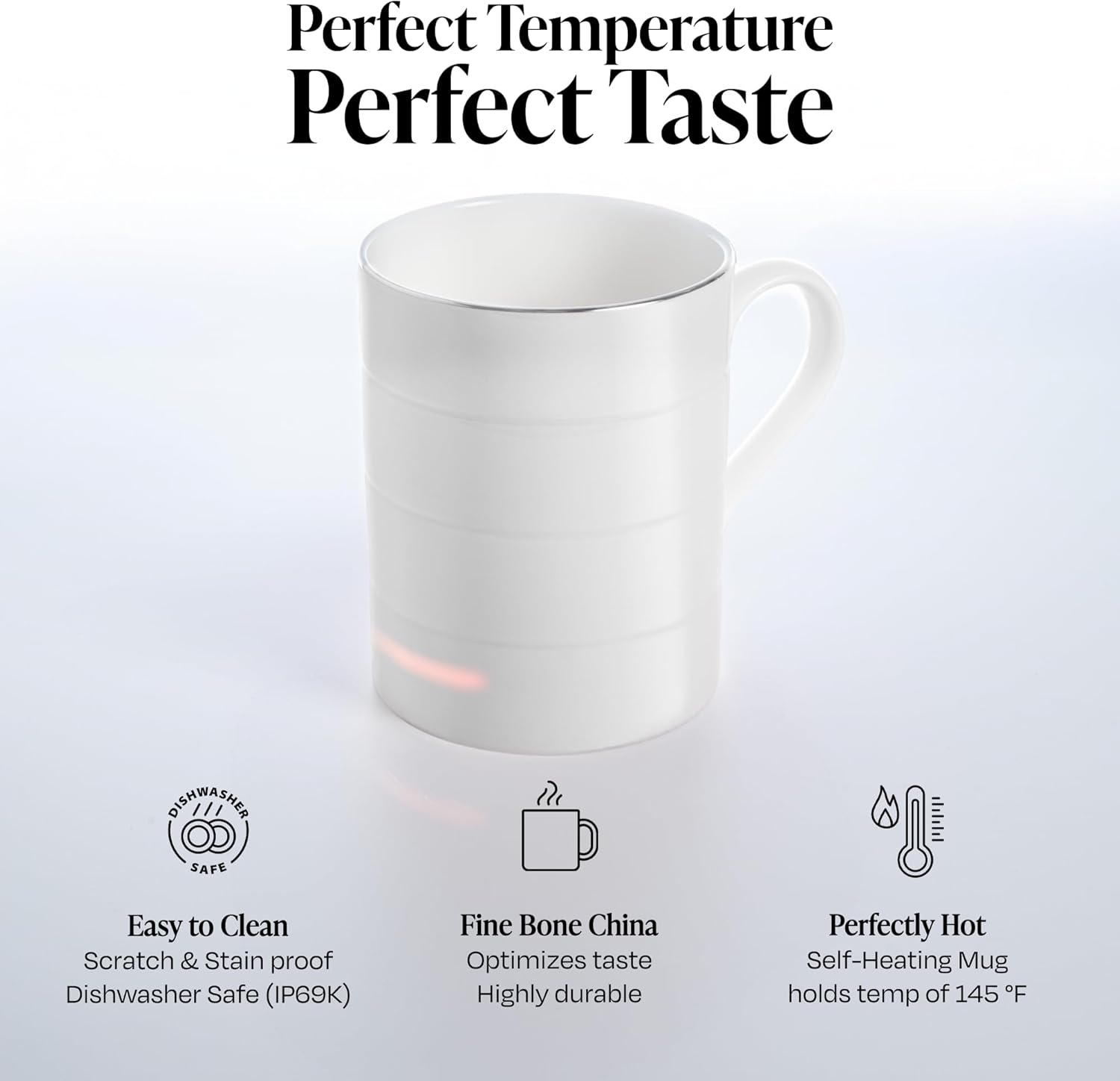 Glowstone Smart Heated Coffee Mug with Wireless Charging Base Self-Heating Made from Fine Bone China Electric Coffee Mug and Self Heating Mug Keeps Drinks Hot Stay Hot Electric Coffee Mug (White)