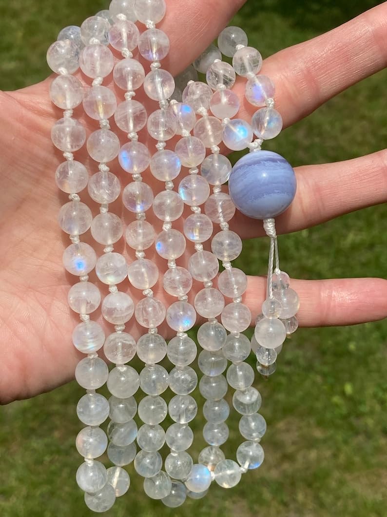 Natural Rainbow Moonstone 8mm 108 Mala Beads, Spiritual, Meditation Beads, Reiki, Japa Mala, Buddhist Prayer Beads, Yoga Bracelet, healing beads