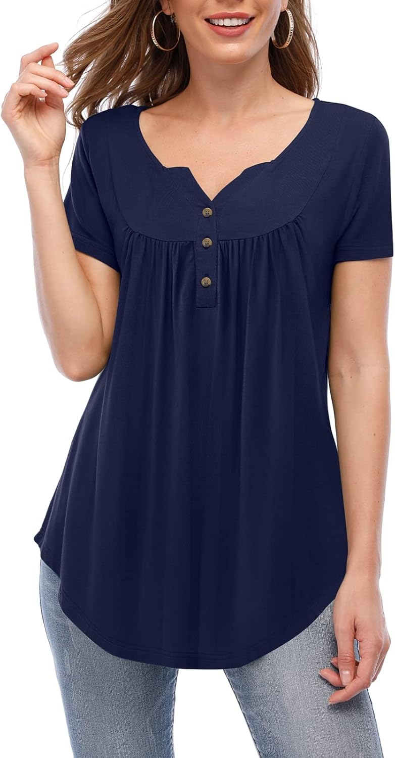 Beauhuty Womens Tops Floral V Neck Casual Blouses Short/Long Sleeve Shirts Button Up Tunic