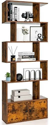 STAKOL Estantería de 6 niveles con gabinete, estante independiente en forma de S con puertas, dispositivo antivuelco, estantería geométrica de