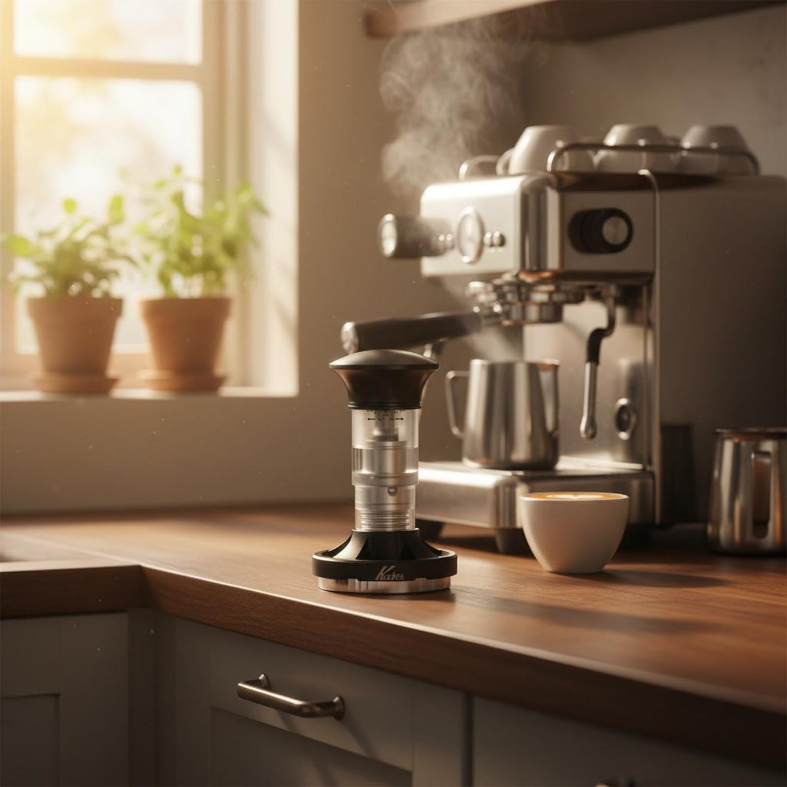Tamper Espresso Acero Inoxidable Preciso Apisonador Espresso Acero Inoxidable Extracción Uniforme Tamper Resorte para Bar, Cocina, Negro, 58mm