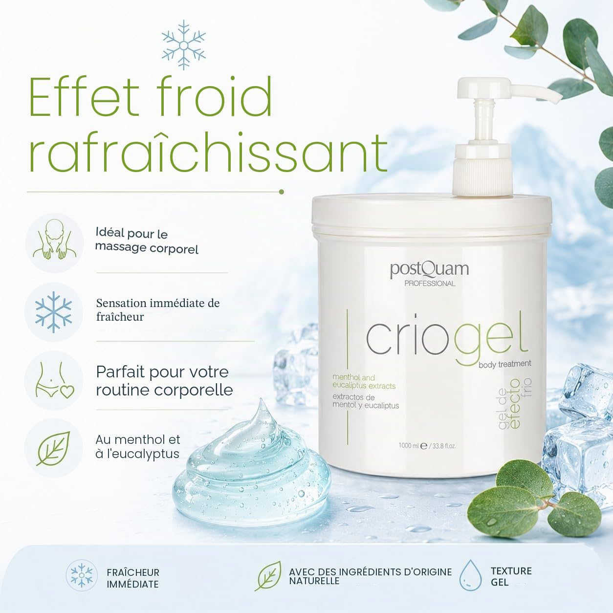 PostQuam Criogel crème corporelle effet froid raffermissante lissante gel rafraîchissant jambes lourdes 1000 ml