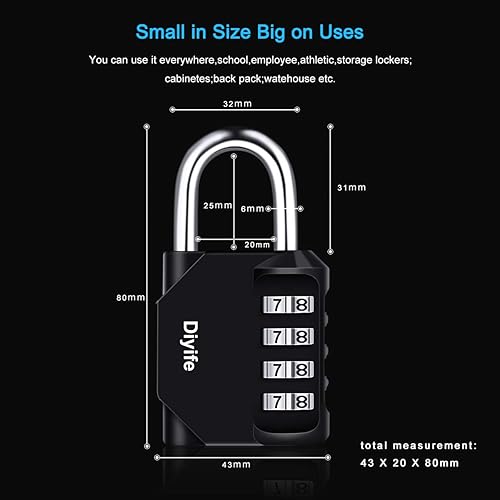 Miniatura 3 de Diyife - Candado de combinación de 4 dígitos, resistente a la intemperie, cerradura de número reiniciable de acero chapado para casillero de