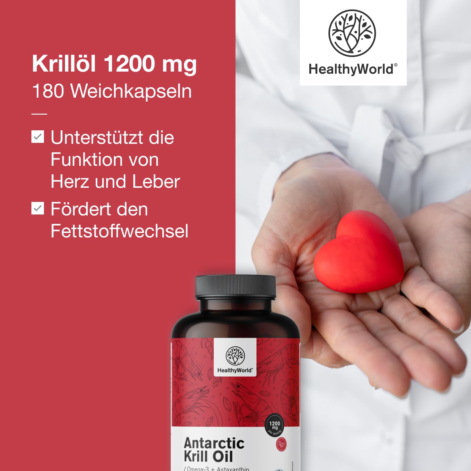 HealthyWorld Olio di Krill 1200 mg - 180 Capsule Molli - Omega-3 + astaxantina - Senza glutine, lattosio e aromi artificiali - Fornitura per 3 mesi - Funzioni cardiovascolari