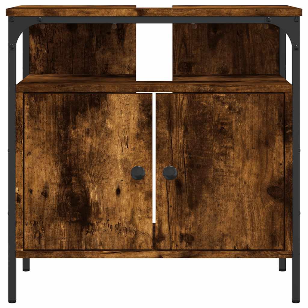 Mobile sottolavabo in legno di rovere affumicato, 60 x 30 x 60 cm, con vano portaoggetti, cassetto e porta, mobile da bagno per bagno, WC degli ospiti, montaggio a parete, salvaspazio e