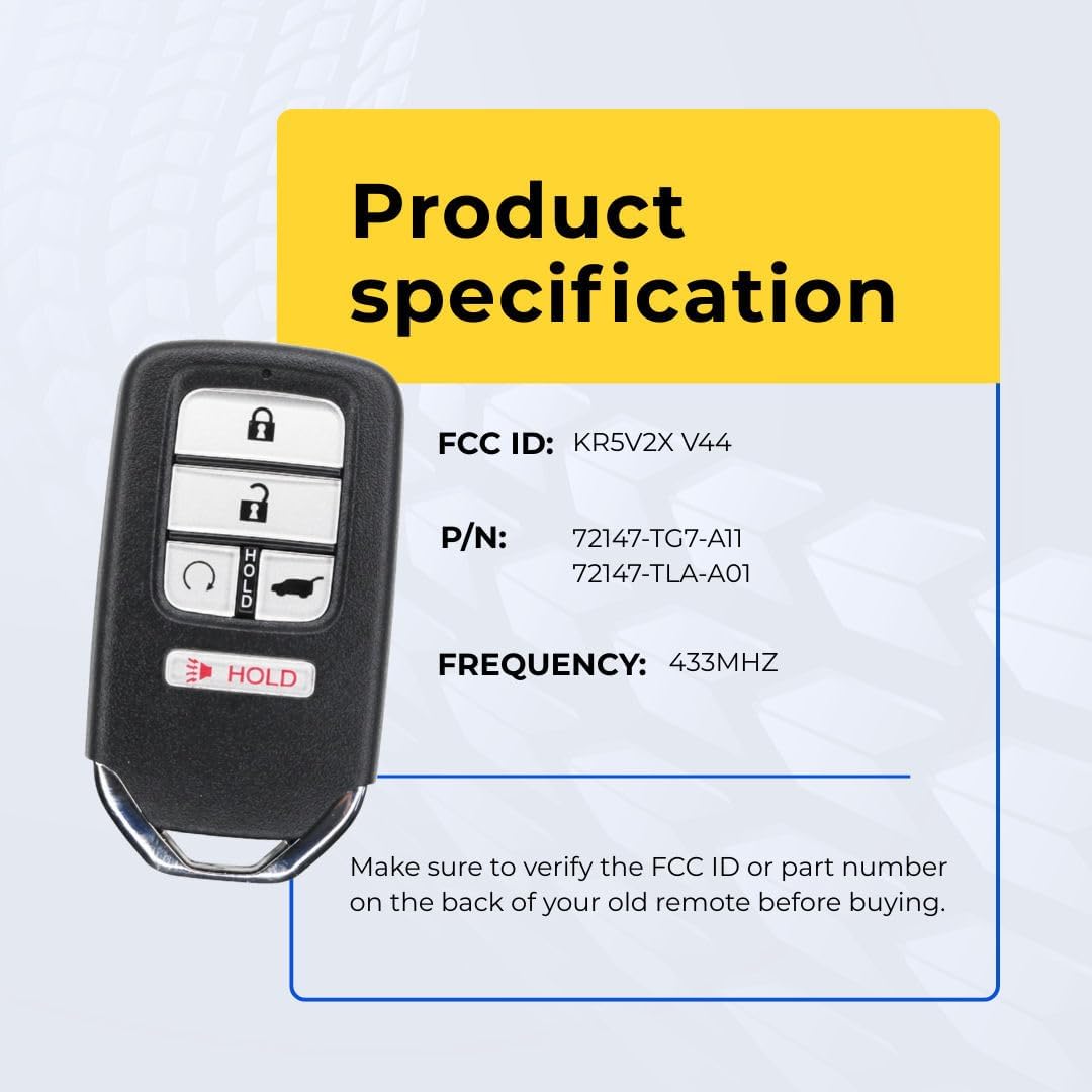 Replacement Key Fob Compatible with CR-V 2018 FCC KR5V2X (V44) Part Number 72147-TG7-A12 72147-TG7-A11 72147-TLA-A01 image 4