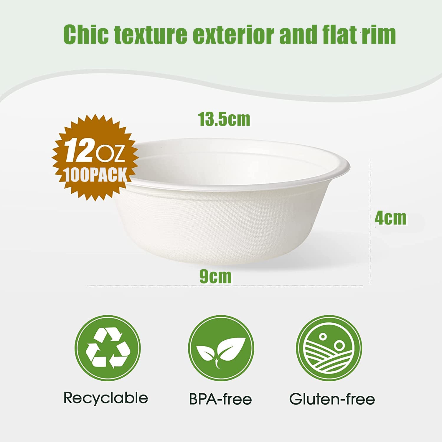 LATERN 100 Pezzi Ciotole di Carta Usa e Getta, 360ml Bianco, Rigide in Bagassa 100% Biodegradabile Compostabile Ciotole di Canna da Zucchero per Uso Quotidiano Ristoranti BBQ Party (13,5 x 4cm)