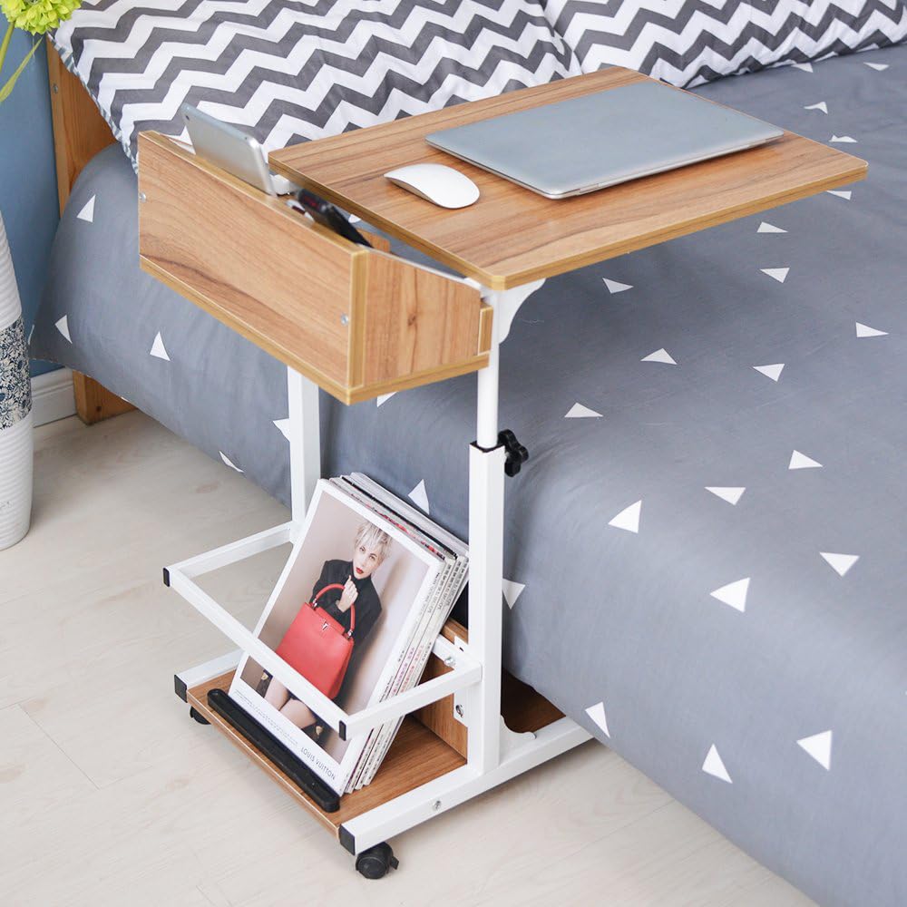 sogesfurniture Tavolo per computer portatile regolabile in altezza, tavolino mobile da divano, tavolo con ruote, spazio di archiviazione, per camera da letto, soggiorno, 50 x 40 x 55 – 80 cm, rovere