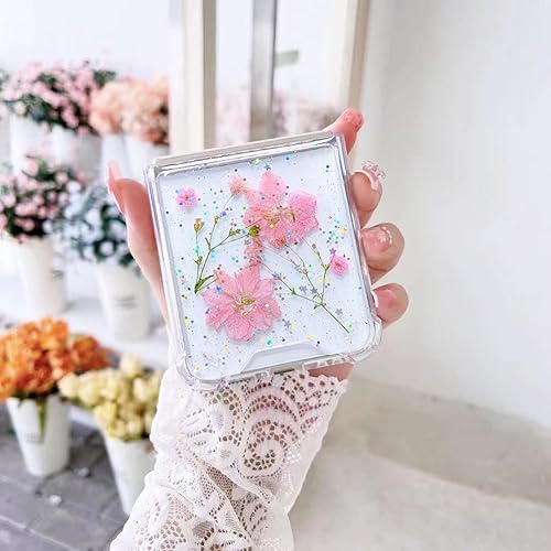 Miniatura 4 de Abbery Funda transparente para Samsung Galaxy Z Flip 3 5G, transparente y con diseño de purpurina bonita con purpurina floral prensada de