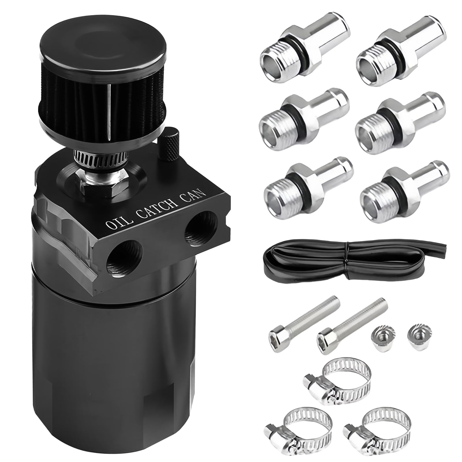 Réservoir de récupération d'huile avec filtre à air, 300 ml, collecteur d'huile en aluminium, réservoir d'huile, réservoir de voiture avec accessoires, ligne de carburant 3/8" (noir)