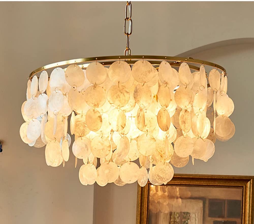 RRJJ Chandelier Natural Seashell Crystal Chandelier,Modern Chandelier For Dining Room, Rustic Hanging Ceiling Pendant Lighting Fixture For Foyer, Bedroom, Living Room, Entryway, Kitchen