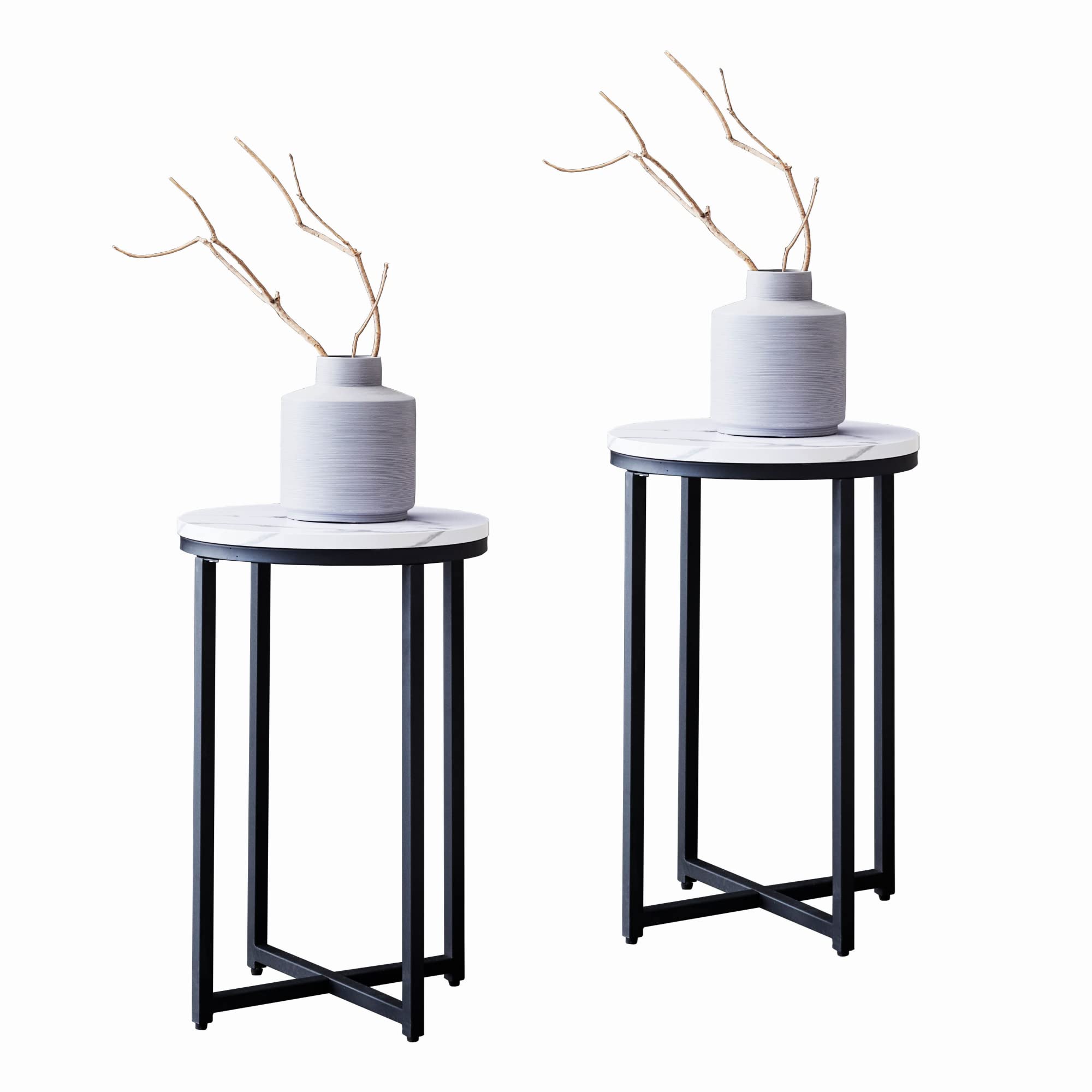 Hooseng2 Piece Round Side Table, Modern Round End Table with Faux Marble Top and Metal Frame, Small Nightstands Set of 2 for Living Room Bedroom Balcony Office, 16" D x 24" H, Black