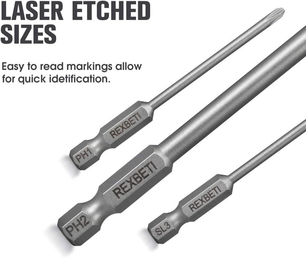 REXBETI Slotted Phillips Screwdriver Bit Set, 1/4 Inch Hex Shank S2 Steel Magnetic 3 Inch Long Drill Bits, 12 Piece - - 