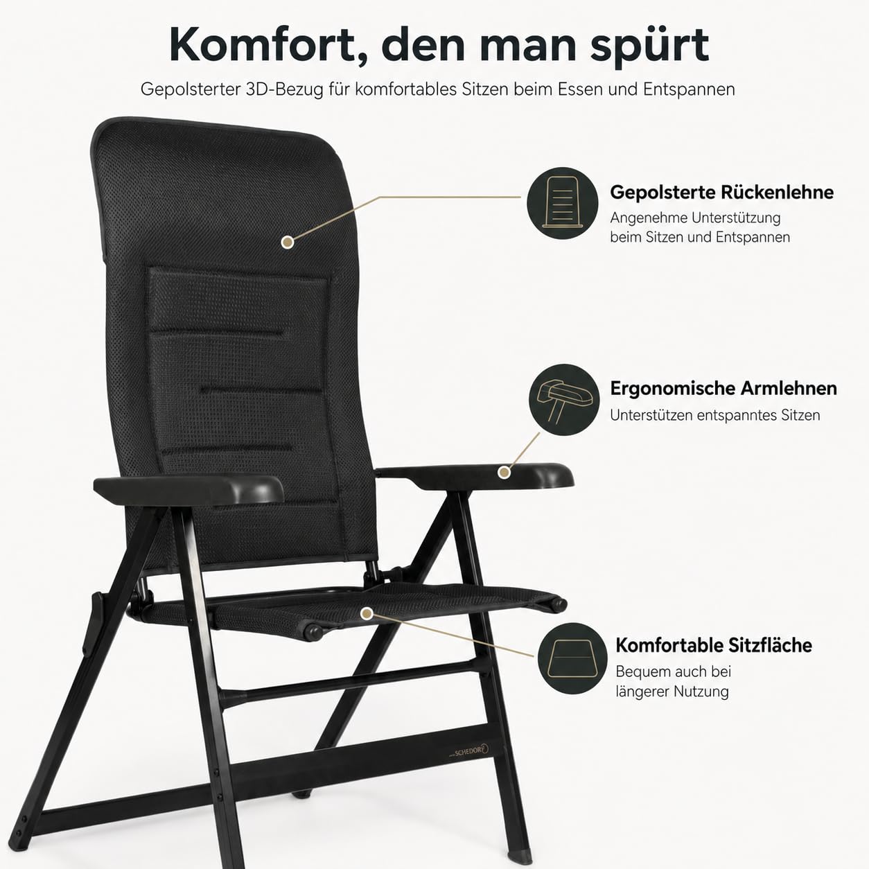 Aurum Campingstuhl Hochlehner – 7-Fach Verstellbarer Aluminium-Klappstuhl mit atmungsaktiv gepolstertem 3D-Bezug, 50 cm Sitzbreite, bis 120 kg – für Camping, Caravan und Garten