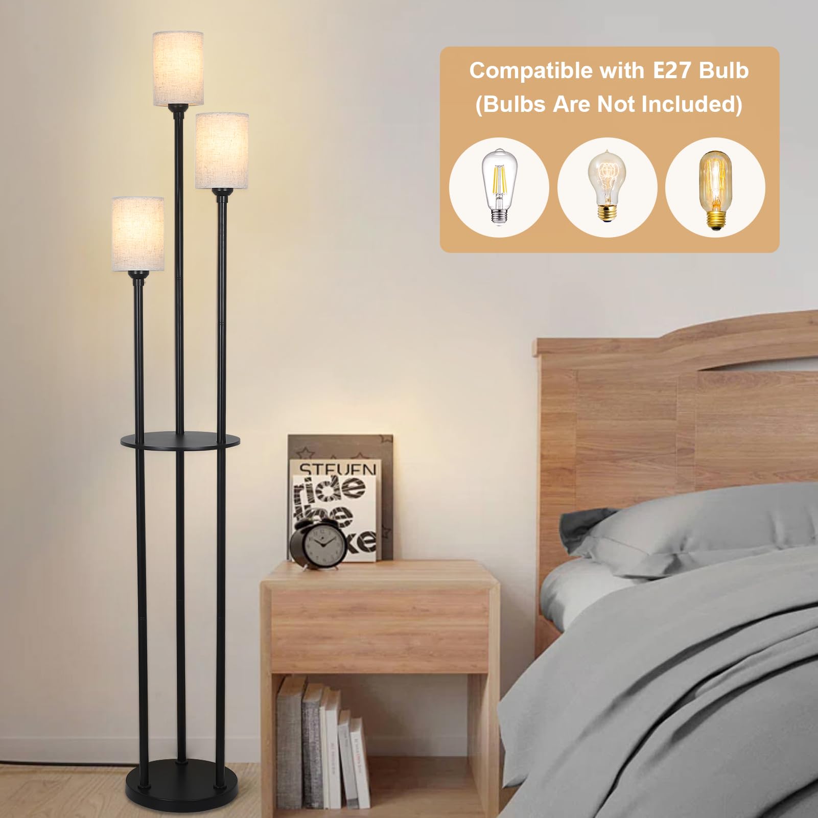 Rayofly Lampada da terra nera con ripiano, lampada da terra vintage a 3 luci con paralume in lino e interruttore a pedale, lampade da terra moderne per soggiorno camera da letto, cameretta dei bambini
