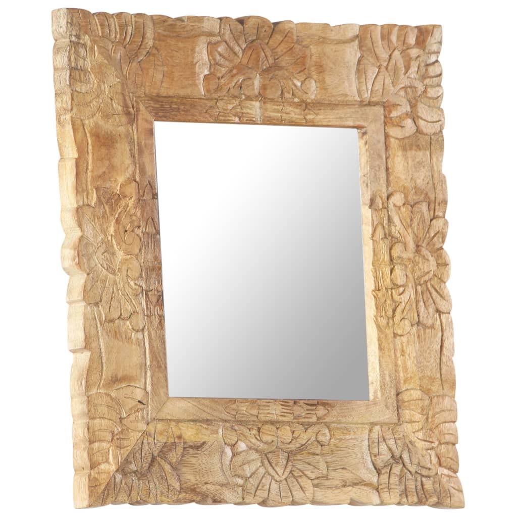Spiegel aus massivem Mangoholz 50 x 50 cm mit handgeschnitztem Muster, freistehend für Flur Garderobe Schlafzimmer Bad, Deko Wand Spiegel für Make-up und Rasur