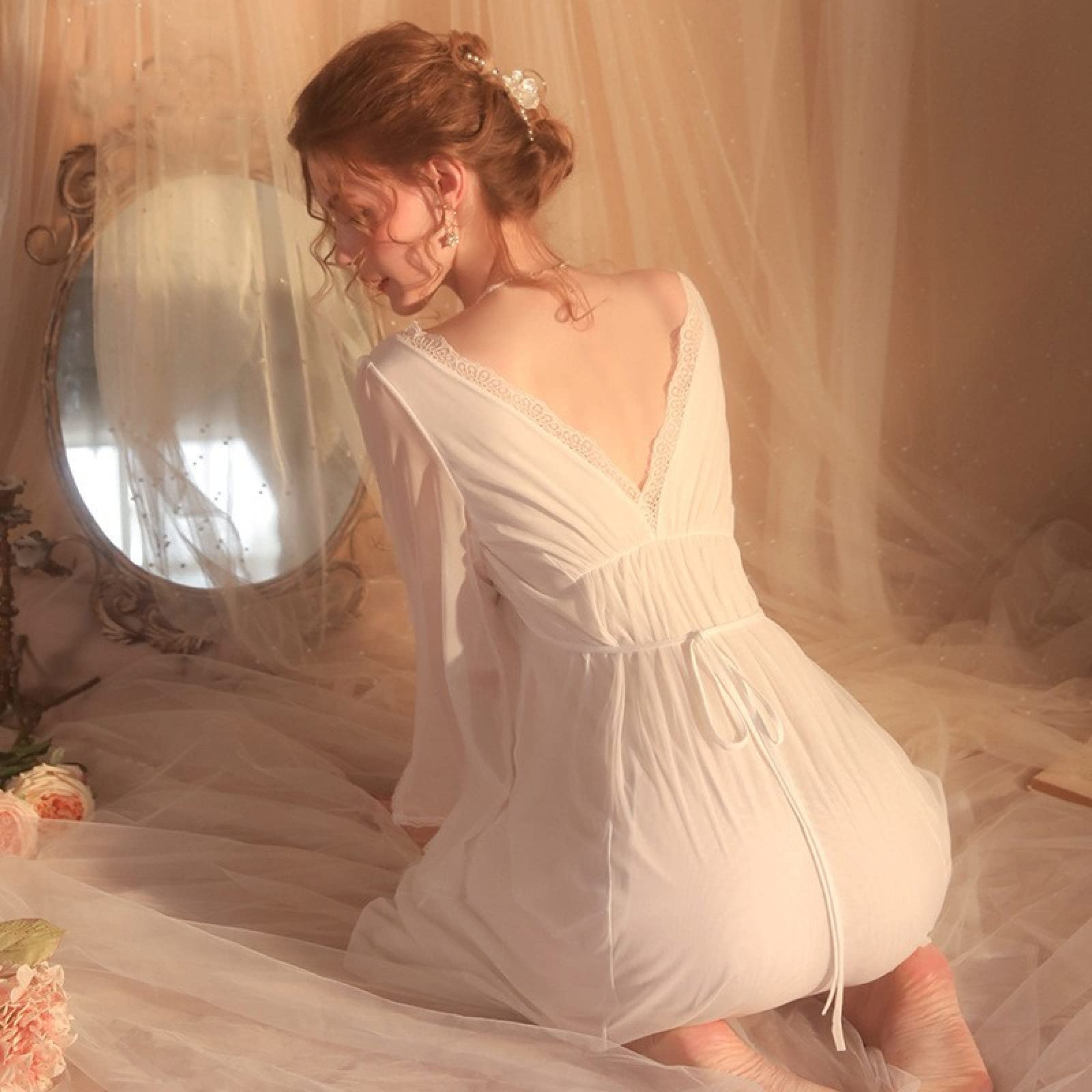 OFFSUM Camisón De Pijama De Mujer - Camisón De Malla Blanca con Escote En V para Primavera Vestido Íntimo De Encaje Dulce Camisón De Color Sólido Elegante