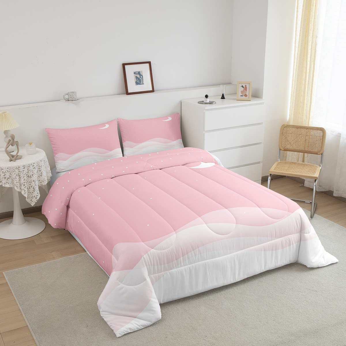 Juego de ropa de cama de color rosa, diseño de estrella, cielo nocturno, color rosa, para niños y niñas, incluye relleno interior de galaxia, con purpurina, tamaño King