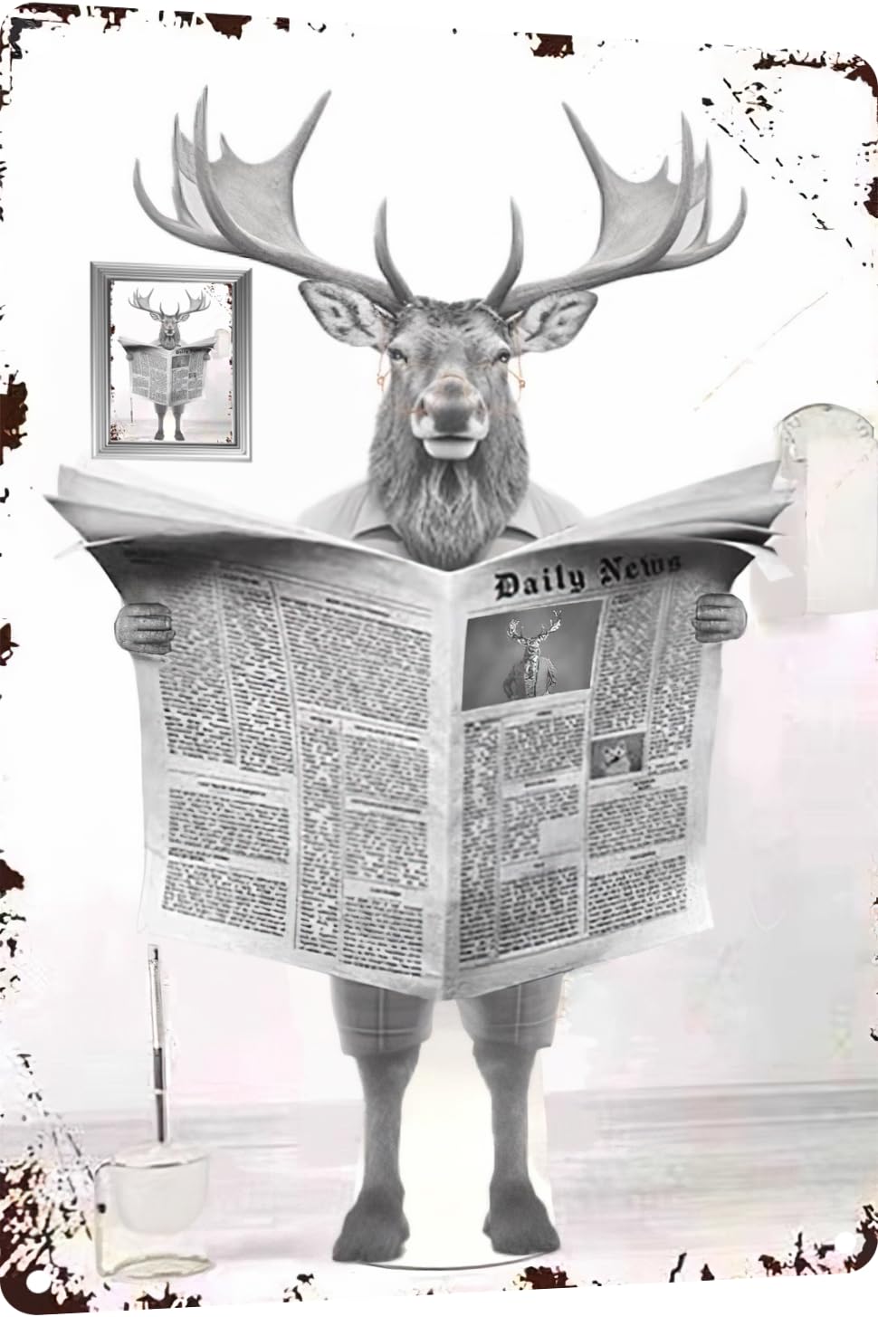 TopPacific Metal Tin Sign Vintage Elk Toilet Reading Newspaper Humour Funny Animal Whimsy Animal for Home, Bathroom and Toilet Wall Decor 12x16 Inch(802B)