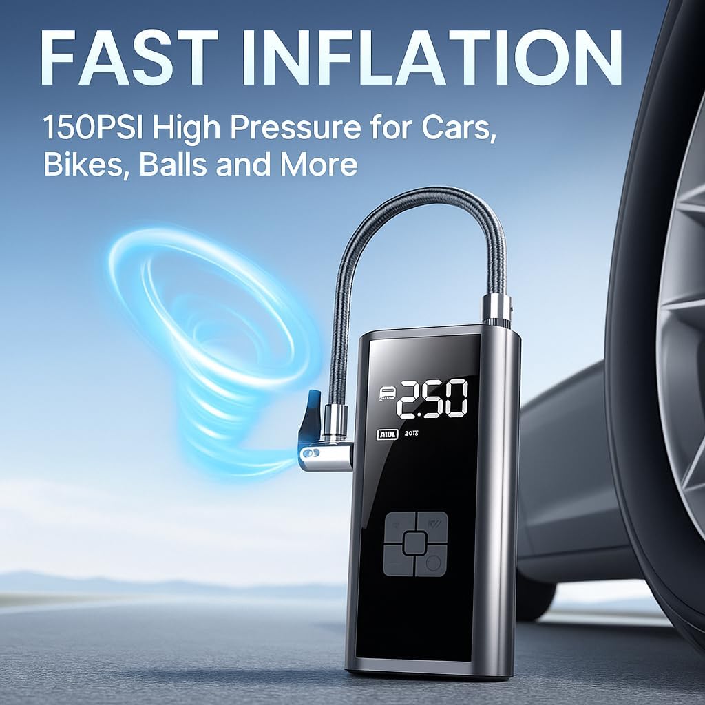 LiKiLiKi Kabelloser Reifenfüller, 150 PSI, tragbarer Luftkompressor mit digitalem Manometer & LED-Licht, wiederaufladbare Reifenpumpe für Auto, Fahrrad, Motorrad & Bälle