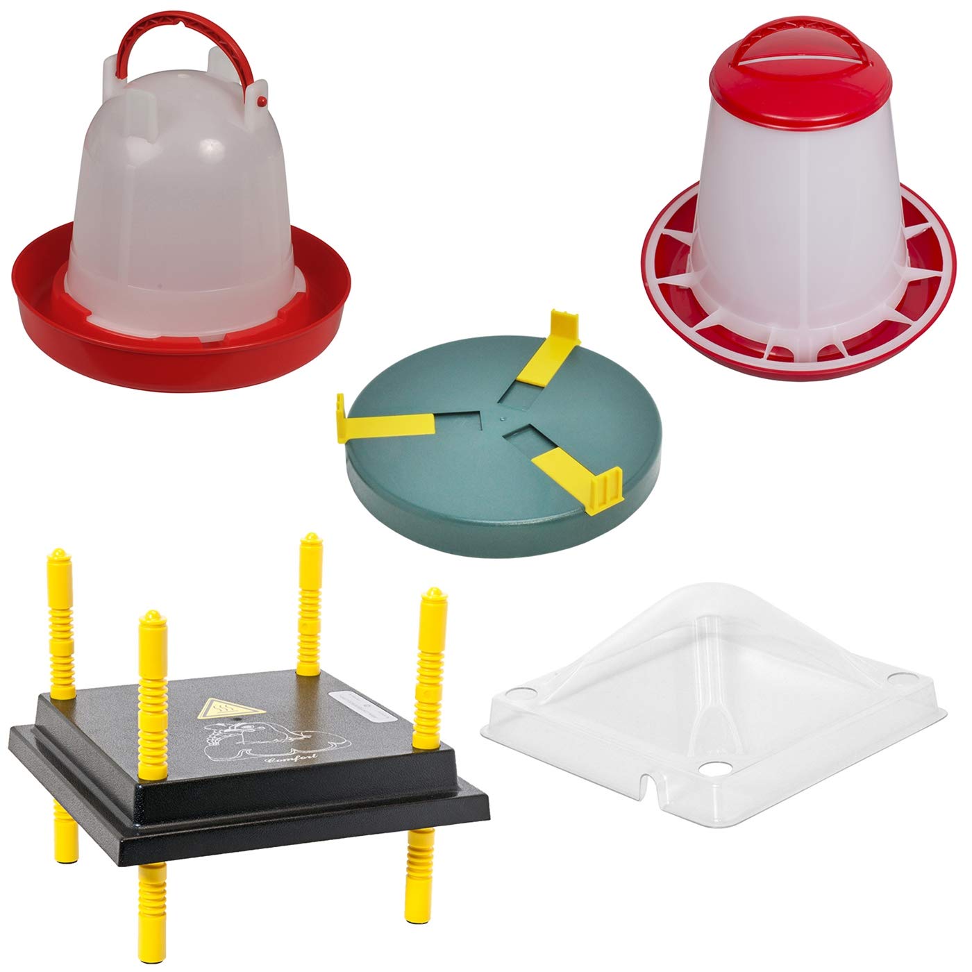 VOSS.farming Kükenaufzucht Komplettset für bis zu 20 Küken, 25x25cm Wärmeplatte mit Abdeckung + Tränke + Futterautomat + Tränkenwärmer, effiziente Heizleistung, robust, Aufzucht Küken Frostschutz