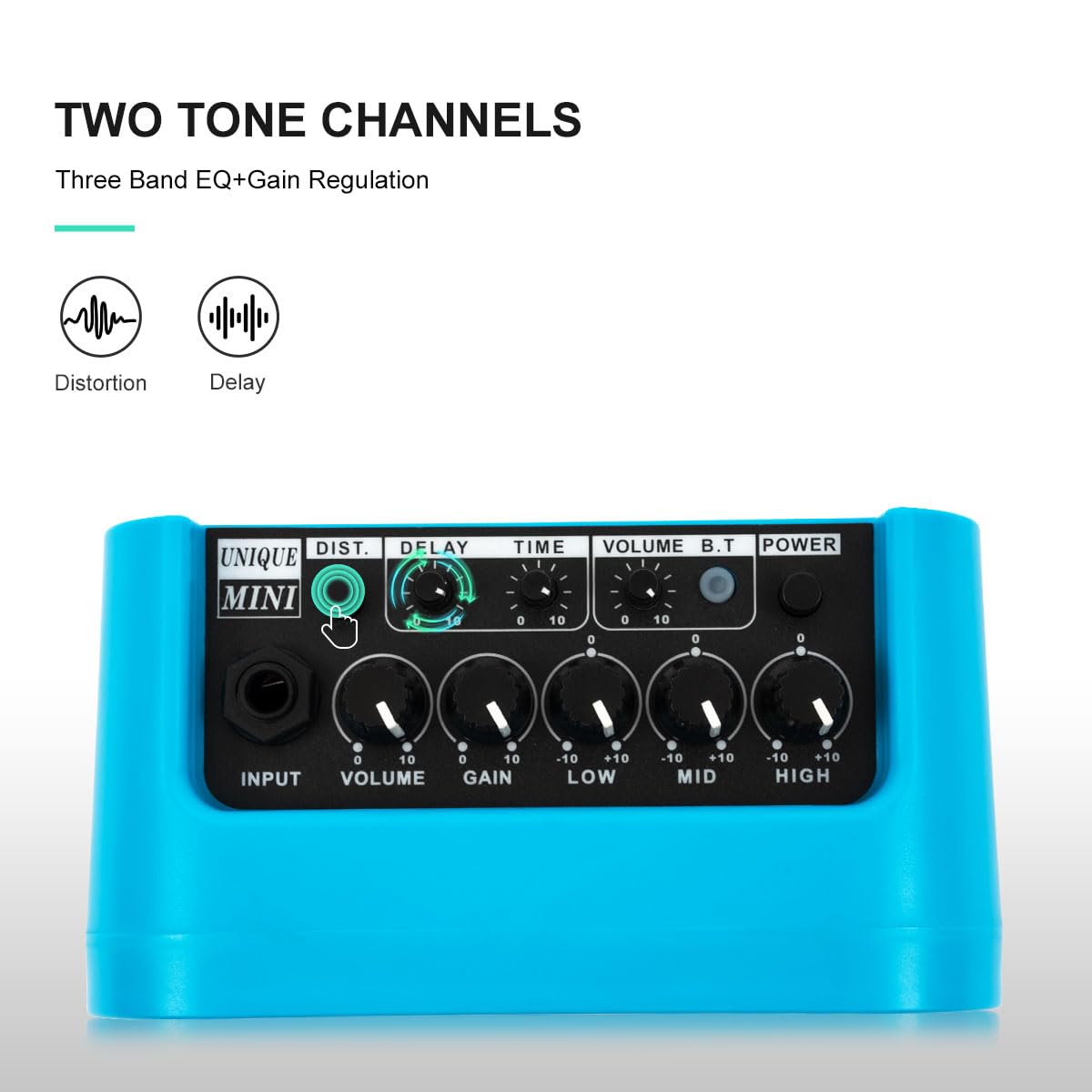Mini Amplificatore per Chitarra Elettrica 10W Wireless Ricaricabile con Effetti di Ritardo/Distorsione, Bluetooth 5.0 per Esercizio