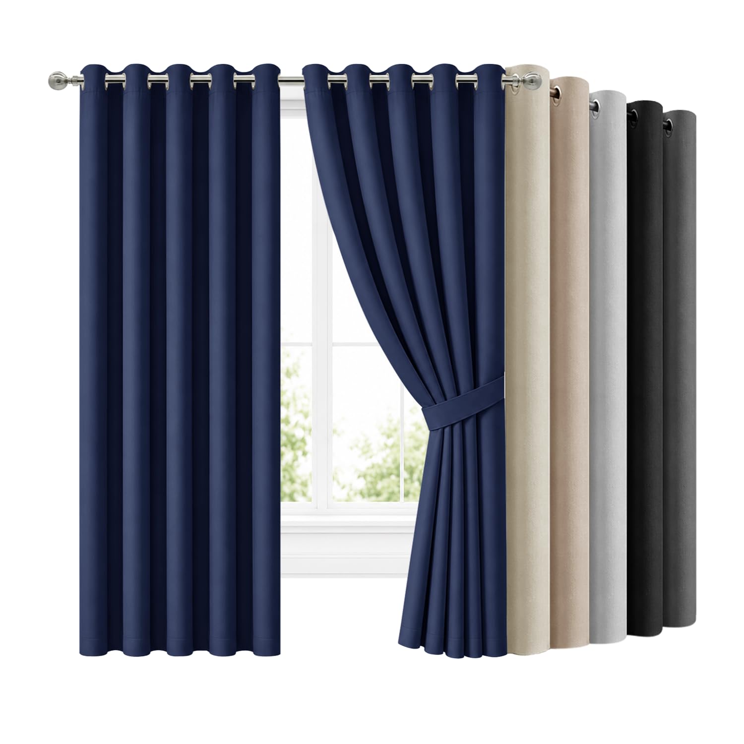 Hafaa Blackout Curtains for Bedroom Navy 66x90 Inch Ring Top Black Out Curtains for Living Room Thermal Insulated Energy Savig Curtain and Drapes 2 Panels with Tiebacks