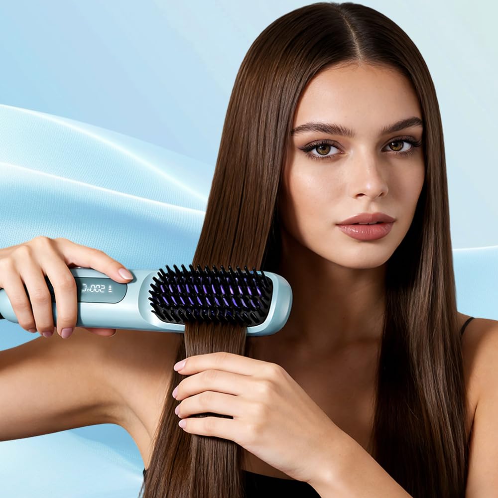 Glättbürste Kabellos, Stylingbürste für Kurze Haare Langes, kabellose Glättbürste Mit Led Anzeige Und 3 Wärmestufen, Haarglätter Bürste Kabellos für Reisen Täglichen Gebrauch