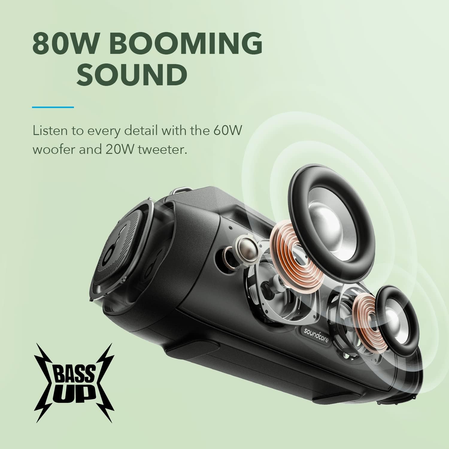 Soundcore Motion Boom Plus(odnowiona) od Anker to przenośny głośnik Bluetooth 80 W z wodoodpornością i pyłoszczelnością IP67, portem USB-C, personalizowanym EQ, Bluetooth 5.3, idealny na kemping