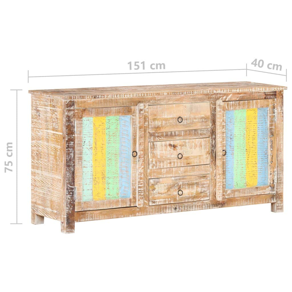 Sideboard 151 x 40 x 75 cm aus massiver Akazie Retro Highboard mit 3 Schubladen & 2 bunten Türen Stauraum Lieferung fertig montiert für Wohnzimmer Schlafzimmer Flur