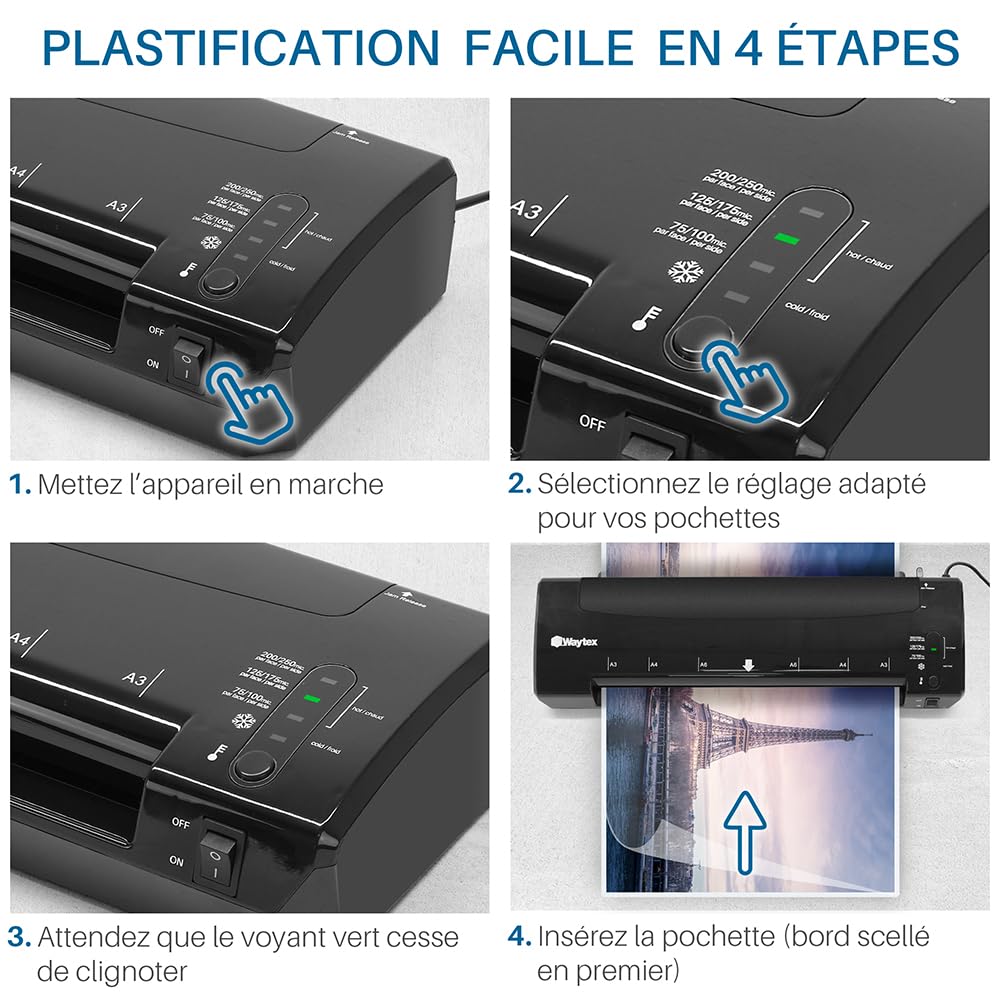Waytex Plastifieuse A3 A4 A5 A6 Pro Ultra Rapide Plastification à Chaud et à Froid 2x250 microns Température Réglable