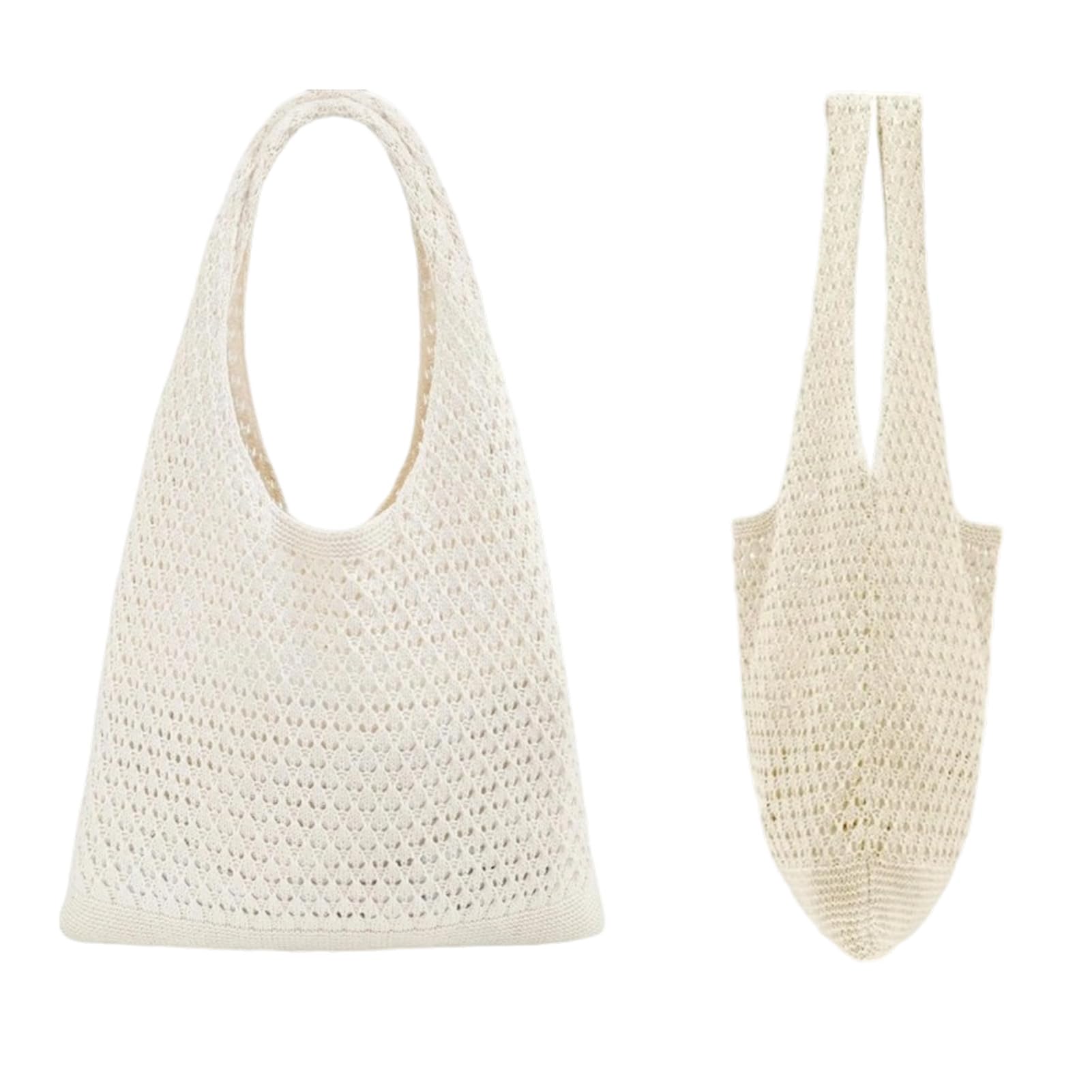 Fonyiunce Strandtas voor dames, gehaakte mesh strandtas, beige gehaakte tas, gebreide schoudertas, gevlochten tas voor de zomer, voor het strand, reizen, werk, school, crèmetinten, Medium