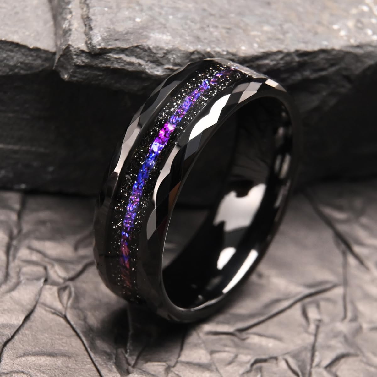 Black Tungsten Carbide Rings for Men Women 8mm/6mm Hammered Galaxy Star Inlay Men's Engagement Wedding Bands High Polished - Image 4
