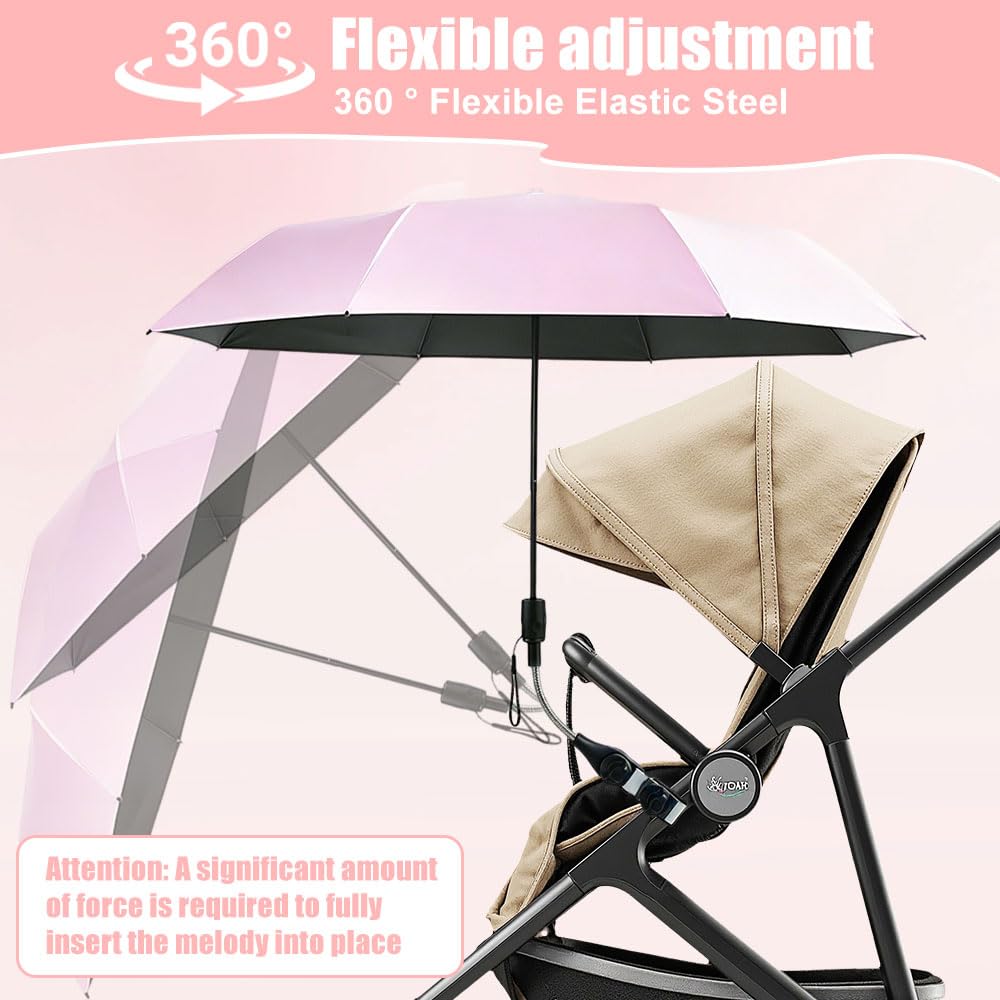 Universal Sonnenschirm für Kinderwagen UV Schut, UPF 50+ Sonnenschutz Regenschirm mit 360° Flexibler Universalhalterung, 96 cm Kinderwagen Regenschirm für Kinderwagen und Buggy, Rosa