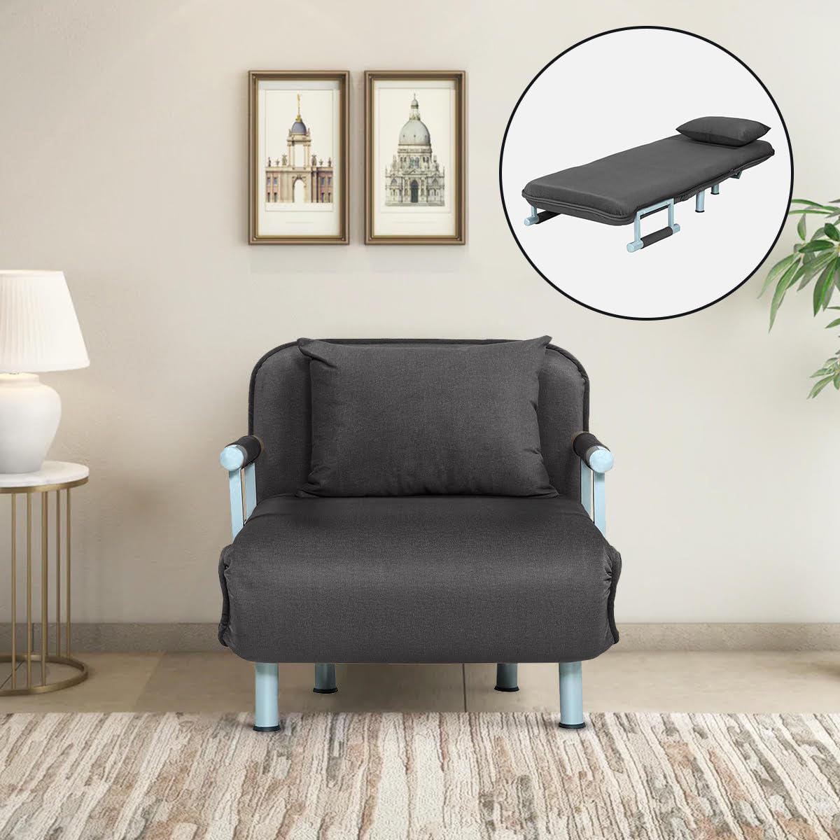 Metal Single Seater Foldable Sofa With Cushion & Armrests|Convertible Tri-Fold Sofa Cum Bed Couch with 5-Position Adjustable Backrest|3 in 1 Multi-Functional Sleeper Sofa,Dark Grey Metal Single Seater Foldable Sofa With Cushion & Armrests|Convertible Tri-Fold Sofa Cum Bed Couch with 5-Position Adjustable Backrest|3 in 1 Multi-Functional Sleeper Sofa,Dark Grey