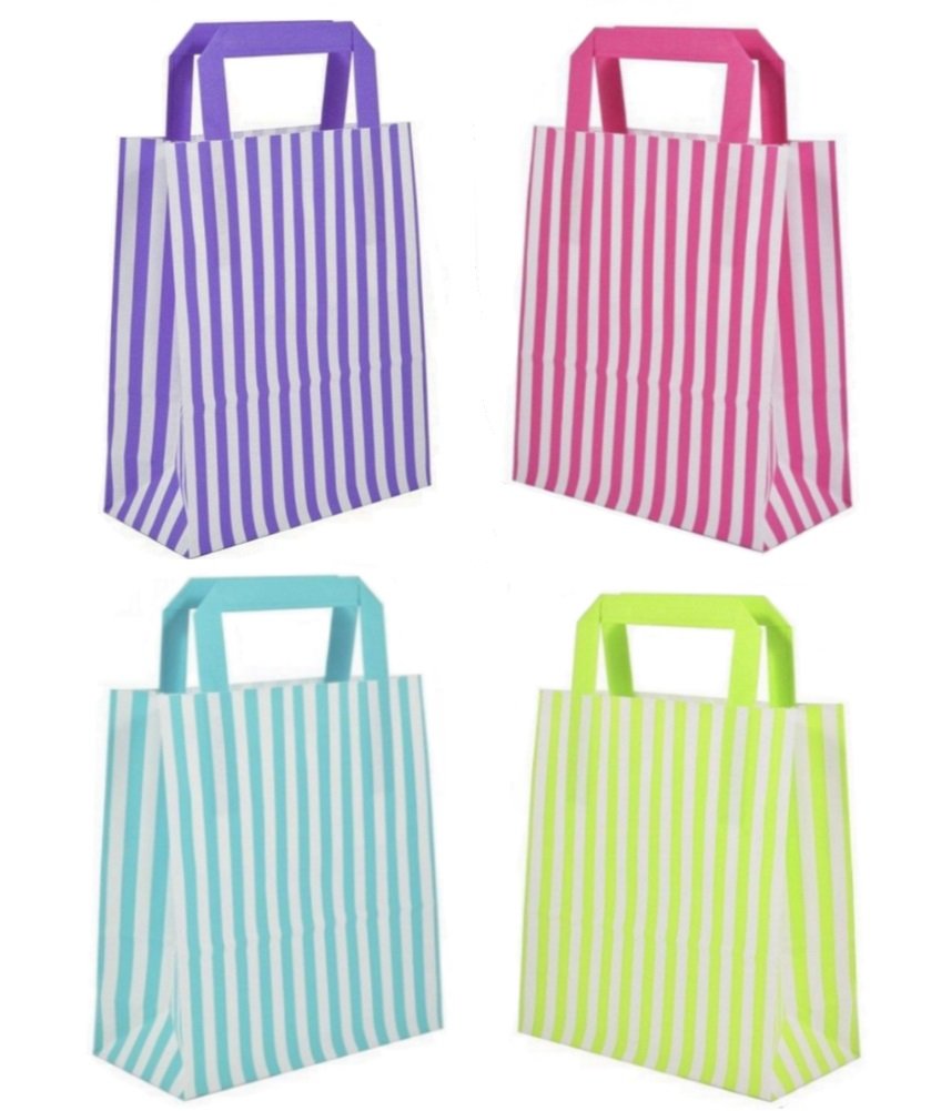 20 Candy Stripe Flat Handle Bags - Birthday Party Paper Gift Bag - Select your Colour 22x18x8CM (Mixture) — image 1