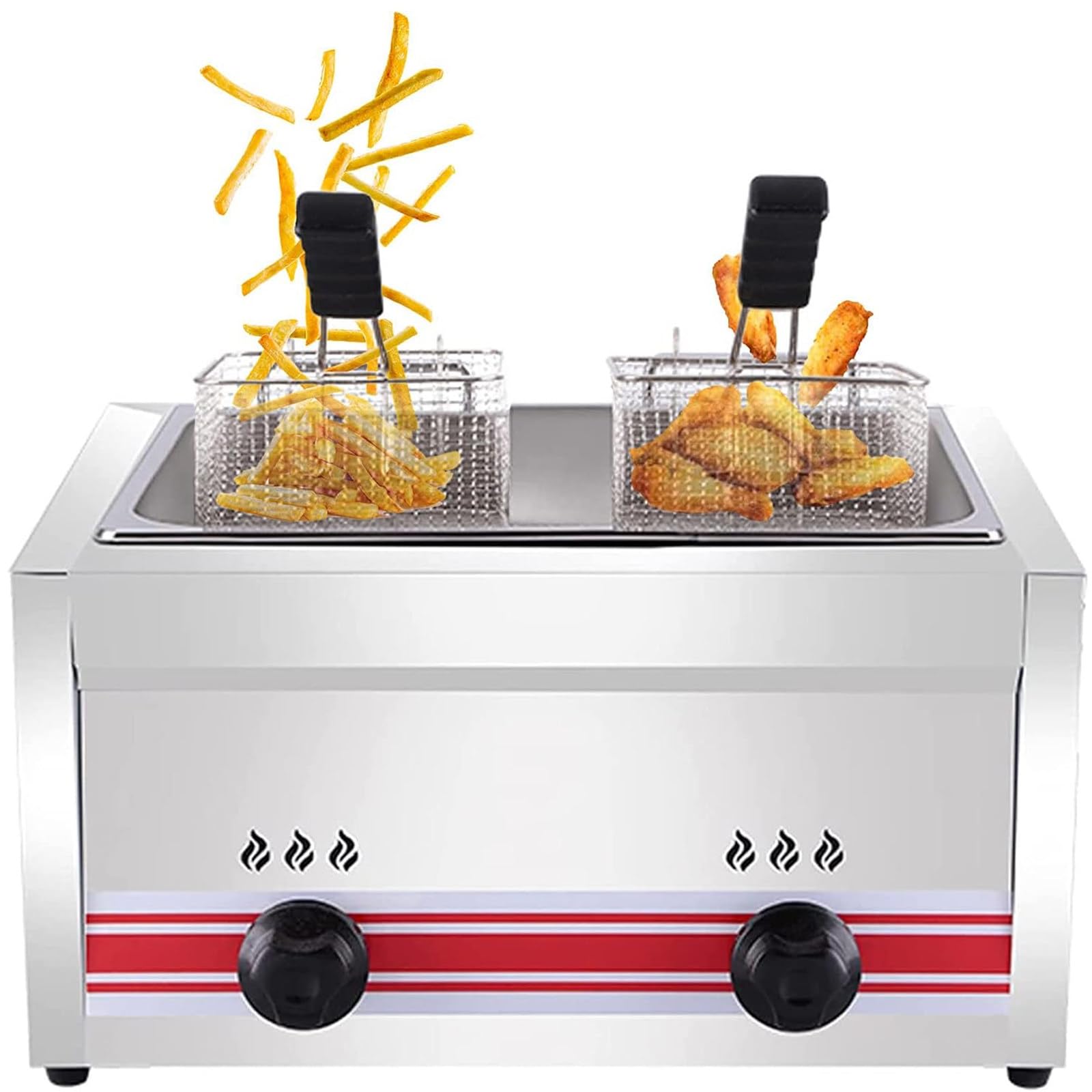 Freidora Gas Industrial, 20 L Freidoras con Cestas Grande, freidora de GLP de acero inoxidable para potencia de fuego en casa y comercial, ajustable, para pescado,SingleCylinder20L*1