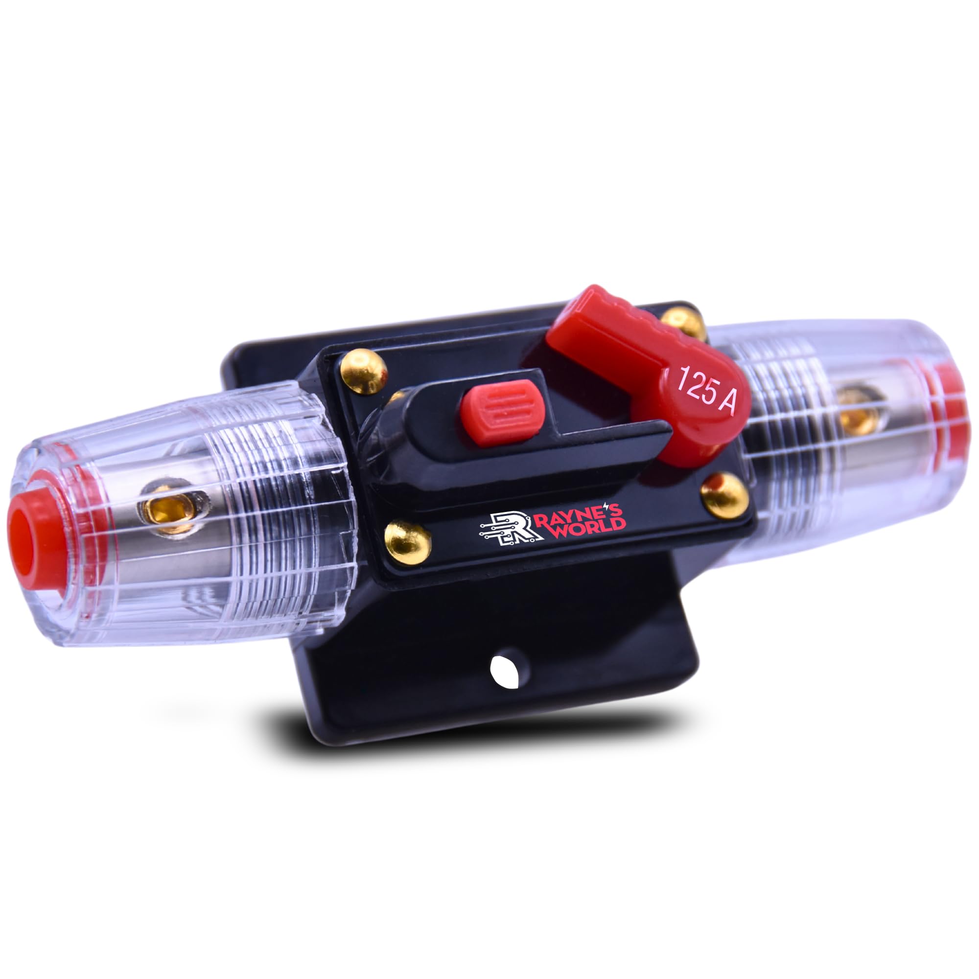 Rayne's World 125 Amp 12V-48V DC Inline Waterproof Circuit Breaker Manual Reset - Car Stereo, RV, Solar Power, Automotive, Marine, Trolling Motor