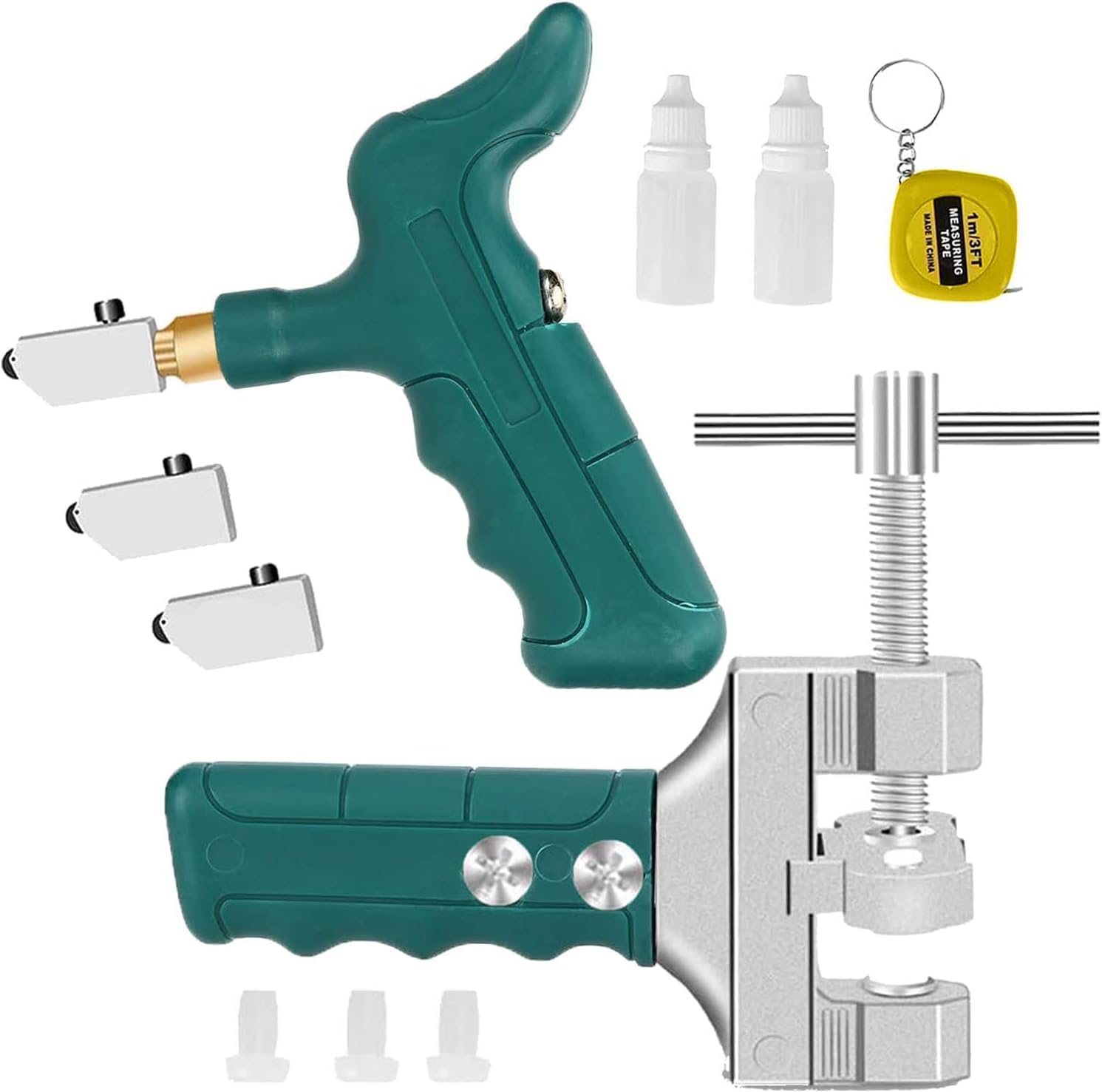 Glass Cutter Tool - Ceramic Tile Opener, 2 in 1 Hand Grip T-Type Floor Tile Breaking Divider Knife Kit with 2 Bonus Blades and Tape Measure Manual Push Cutting Tool