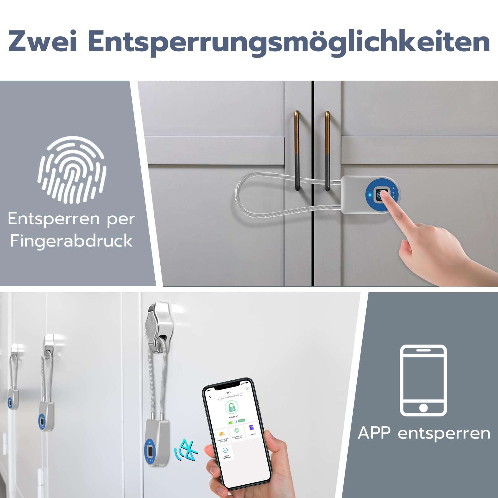 Anweller Lucchetto con impronte digitali, lucchetto con cavo da 22 cm, per impronte digitali con app, adatto per biciclette, scooter elettrici, bagagli, valigetta per armi, cassetta degli attrezzi,
