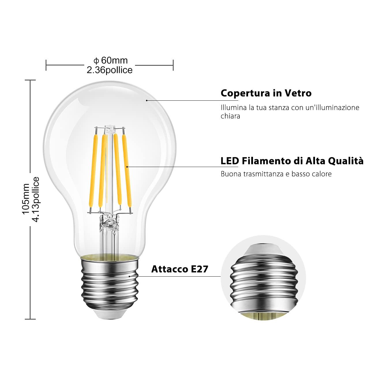 LVWIT Lampadine a Filamento LED E27, 4W Equivalenti a 40W, 470LM, 2700K, Luce Bianca Calda, A60, Consumo Basso, Risparmio Energetico, Non Dimmerabile, Confezione a 6 Pezzi.
