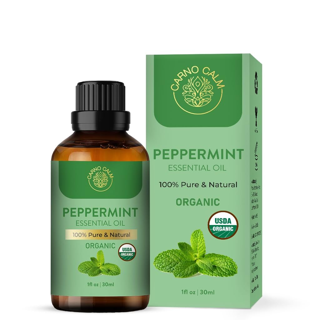 Carno CalmOrganic Peppermint Essential Oil | Perfect for Repelling Spider Rats Mice Bugs Ants | Peppermint Oil for Hair Headaches Relief Energy Boost Skin Candle Making | 1 fl ozUSDA Organic
