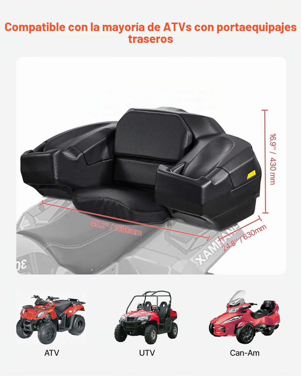 VEVOR Caja de Almacenamiento Trasera y Tumbona para ATV, 95 L, con Asiento y Respaldo, con Cerradura y LLDPE Impermeable, Compatible con Vehículos ATV, UTV y Can-Am, 1080 x 630 x 430 mm, Negro