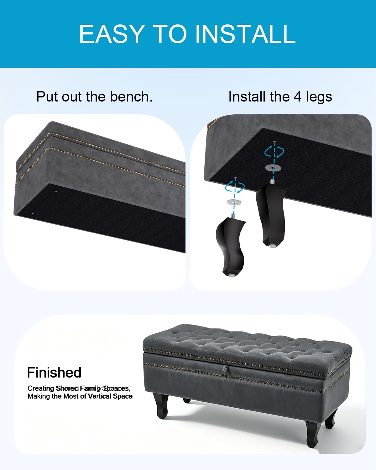 Sitzbank Sitztruhe mit Stauraum, Samt Aufbewahrungsbank, Bettbank, Truhenbank, Polsterbank Hockerbank für Wohnzimmer, Schlafzimmer, Flur, bis 300 kg Belastbar, 103.5 x 37 x 45cm, Grau