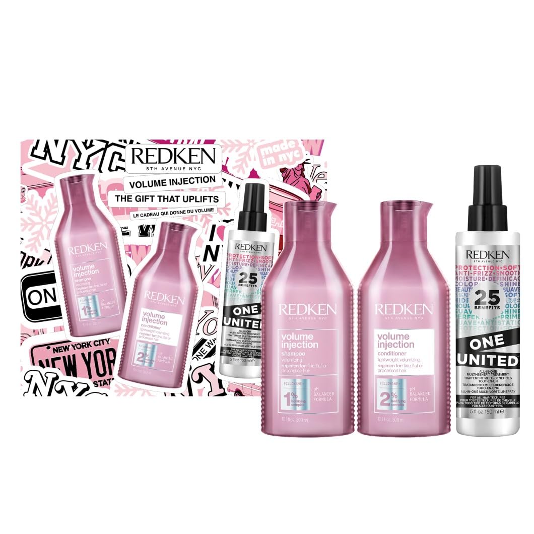 Redken Volume Injection Weihnachtsset, Geschenkset mit Volume Injection Shampoo, Conditioner und One United Multi-Benefit-Spray für feines Haar, Für sofortiges Volumen, Kraft, Feuchtigkeit und Glanz