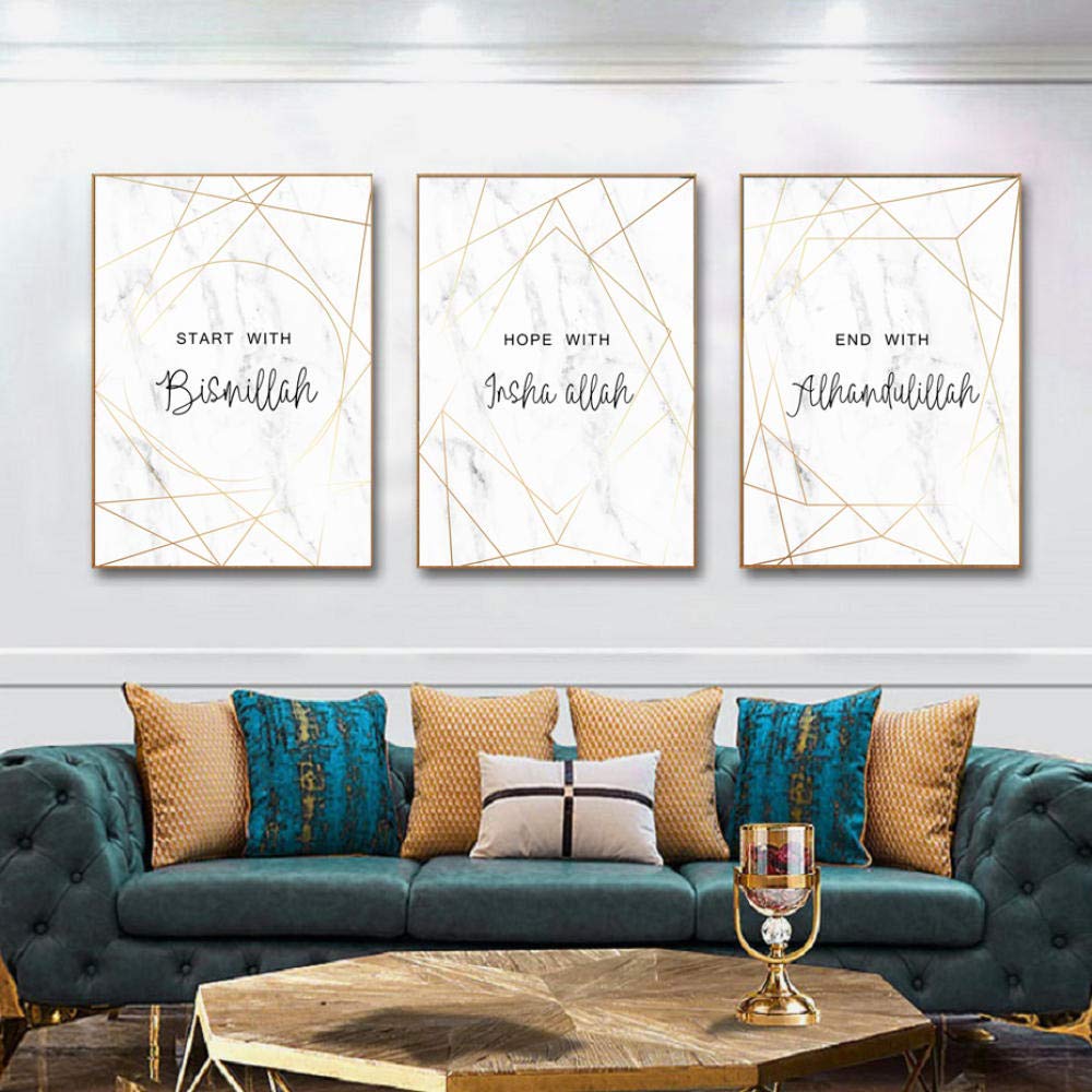 Yimesoy Alá Bismillah Cita Islámica Pared Arte Lienzo Pintura Cartel Minimalismo Musulmán Impresión Mármol Decoración Moderna Del Hogar 24"X32"X3Panels