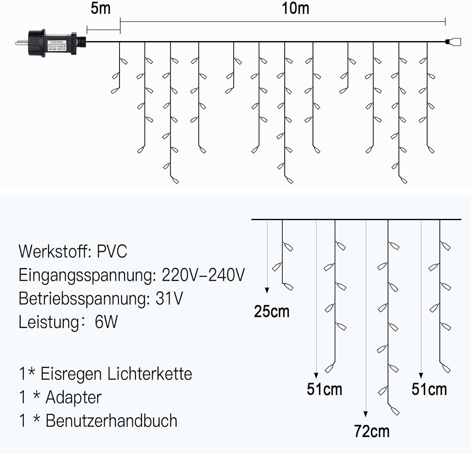 TRUMPETS Eisregen Lichterkette Außen,10M+5M 408 LED Kaltweiß Eisregen Weihnachtsbeleuchtung mit Timer IP44 Wasserdicht 8 Modi mit Stecker für Innen Aussen Balkon, Party, Hochzeit, Haus, Weihnachtsdeko