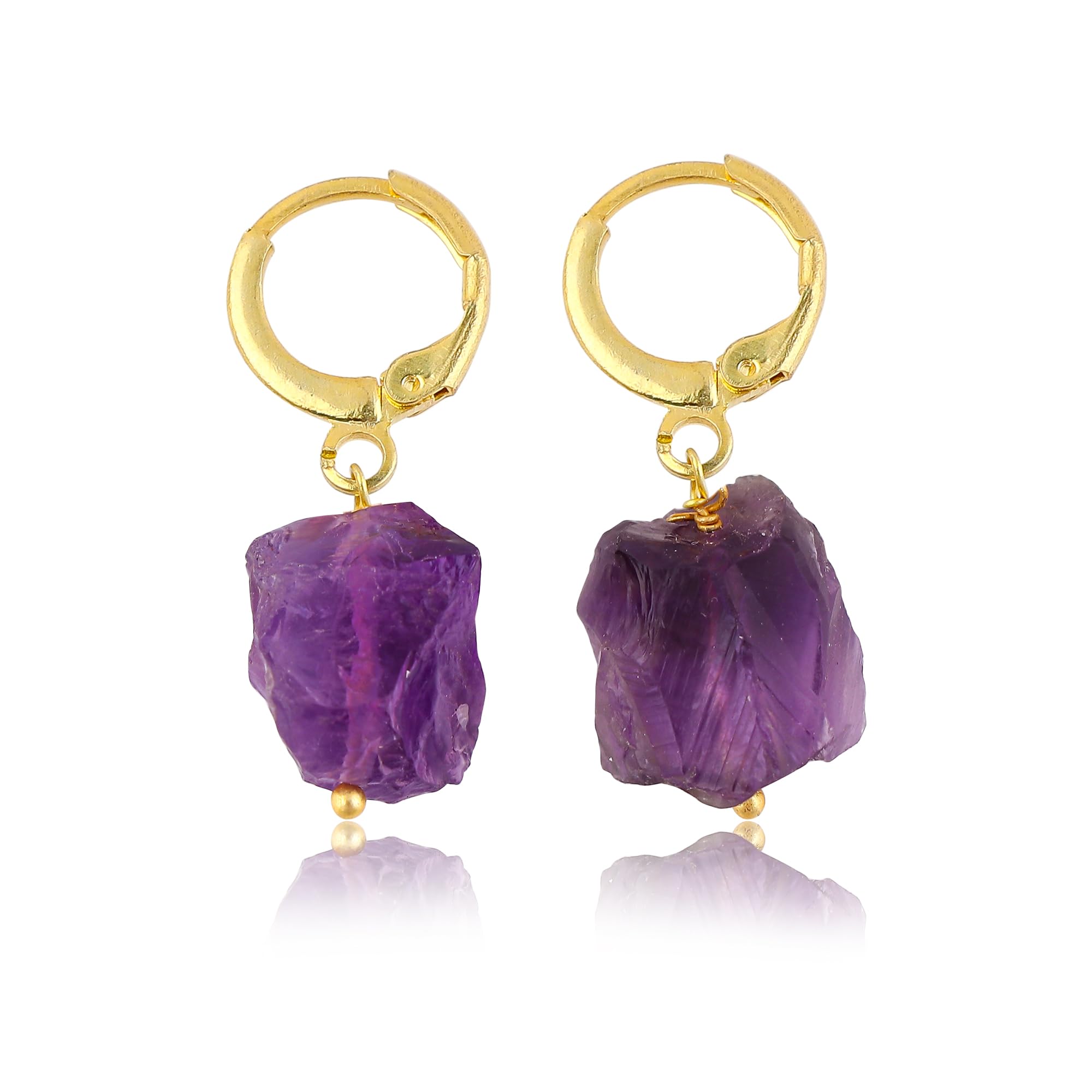 Raw Amethyst Gemstone Hoop Earrings – Natural Crystal Stone Dangle Earrings for Women – Hypoallergenic Gold Plated Small Hoops – Handmade Lightweight Statement Jewelry (Amethyst)
