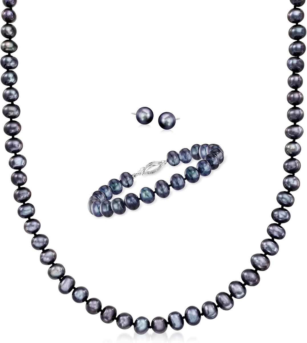 Ross-Simons 7-7.5mm Black Cultured Pearl Jewelry Set: Necklace, Bracelet and Stud Earrings With Sterling Silver. 18 inches